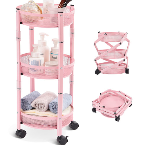 APEXCHASER 3-Tier Metal Storage Rolling Cart, Collapsible Utility Cart, No Assemble, Multifunction Serving Organizer Trolley with Lockable Wheels for Kitchen, Living Room, Bathroom,White