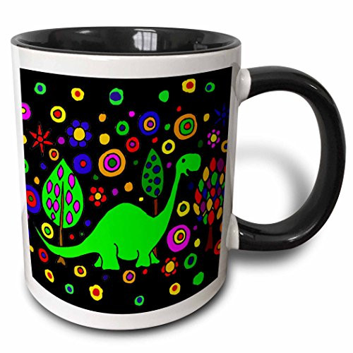 3dRose mug_200113_4"Funny Green Brontosaurus Dinosaur Art Abstract" Two Tone Mug, 11 oz, Black/Green