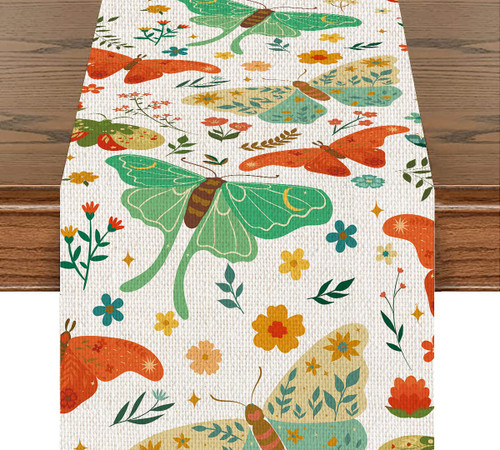 Butterflies Flowers Table Runner Colorful Butterfly Art Cotton Linen Table Runners Farmhouse Seasonal Home Decor Gift for Kitchen Dinner Party Holidays Housewarming (14x72 Inches )