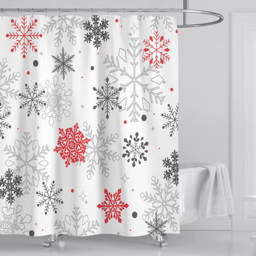 AUSOMGOO Christmas Shower Curtain Christmas Snowflakes Shower Curtains 72 x 72 Inch Bathroom Curtain Merry Christmas Shower Curtain with Hooks Christmas Bathroom Decor, Grey and Red