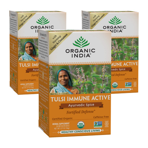 Organic India Tulsi Tea - Holy Basil, Immune Active Organic Tea, Caffeine Free, Vegan, Gluten Free, Non GMO Herbal Supplement With Added Ginger and Cinnamon - Ayurvedic Spice (Pack of 3)