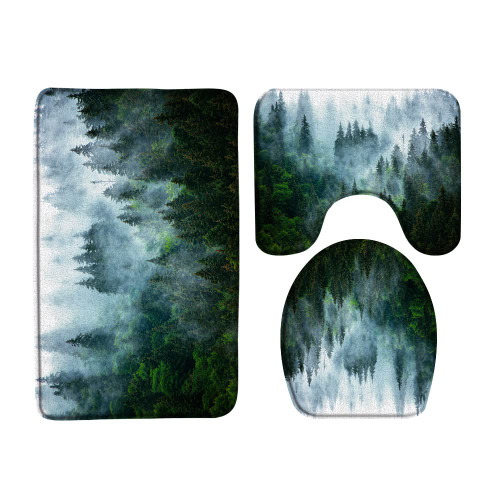 JOFKAXU Misty Forest 3 Piece Bath Mat Foggy Mountain Wolf Snow Natural Landscape Powerful Wild Animal Safari Tree Plant Wildlife Wetland Decor Family Floor Mat Bathroom Mat Set Bath Decoration Rugs