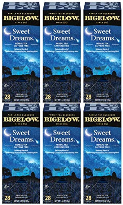 Bigelow Sweet Dreams Herbal Tea 28-Count Boxes (Pack of 6) Relaxing Blend of Chamomile & Mint Caffeine-Free Nighttime Herbal Tea in Individual Foil-Wrapped Bags Bigelow Sweet Dreams Herbal Tea 28-Count Boxes (Pack of 6) Relaxing Blend of Chamomile & Mint Caffeine-Free Nighttime Herbal Tea in Individual Foil-Wrapped Bags