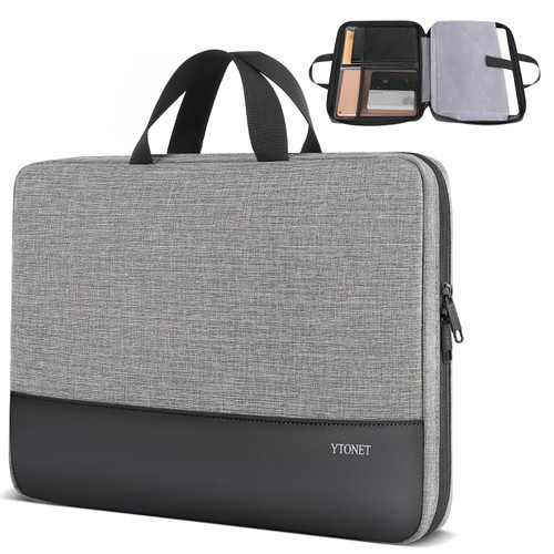 Ytonet 15.6 Inch Laptop Sleeve, TSA Laptop Case with Handle, PU Leather Nylon Water Resistant Computer Carrying Case, Compatible for HP Dell Lenovo Asus MacBook Notebooks, Gift for Men Women, Grey