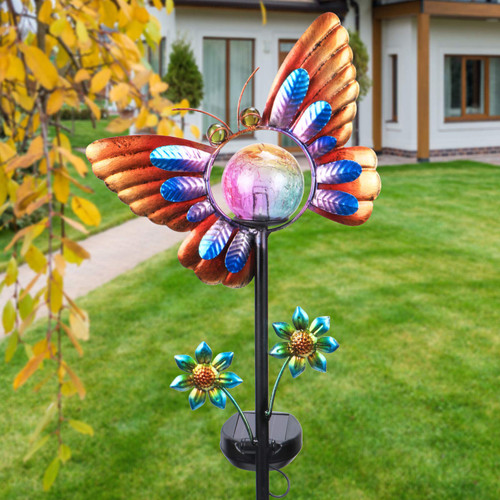 Outdoor Solar Garden Stake Lights Butterfly Waterproof LED Crackle Glass Globe Stake Metal Light for Walkway Pathway Lawn Patio Decor