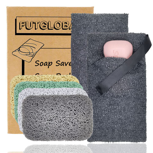 Set of 6 Soap Saver and Soap Saver Pouch, Muulaii Soap Lifting Pads Efficient Draining Soap Bar Holder for Shower and Exfoliating Sponge Soap Pocket Body Exfoliator Sponges for Bath