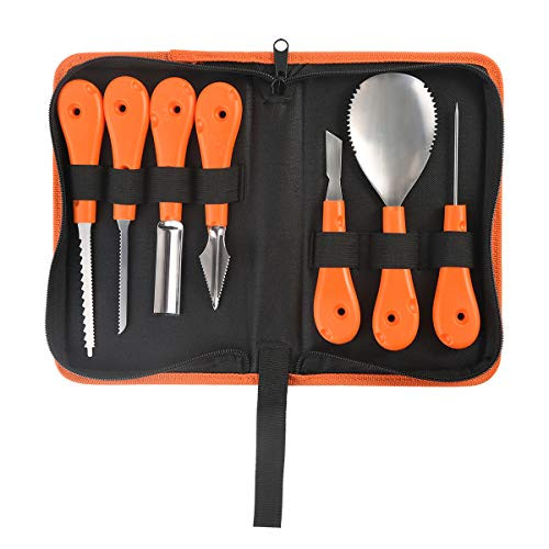 Halloween Pumpkin Carving Kit 7 Pieces - Professional Stainless Steel Pumpkin Carving Tools Set for Kids and Adults, Easily Carve Sculpt Halloween Jack-O-Lanterns (with Carrying Bag)