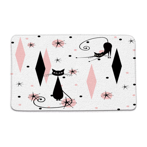 GCTNBJL Mid Century Modern Bath Mat Cat Starbursts ?Atomic Stars ?Abstract Pink Black Geometric Iconic Retro Animal 1950s 1960s Vintage Bathroom Microfiber Memory Foam Doormat Toilet Floor Decor Rug
