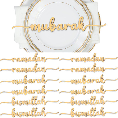 12 Pieces Ramadan Wood Sign Ramadan Mubarak Plate Setting Plate Sign Ramadan Kareem Wooden Ornament Islamic Table Decor for Eid Ramadan Islamic Home Party Decor (Classic Style)