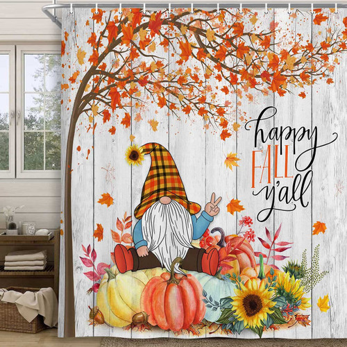 Boziqr Fall Gnome Thanksgiving Shower Curtain, Autumn Maple Tree Leaves Pumpkin Bathroom Curtains, Farmhouse Harvest Rustic Decor with Hooks Set 70 x 70 Inch
