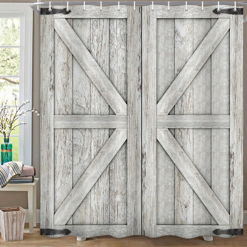 Boziqr Rustic Barn Door Shower Curtain, Vintage Farmhouse Old Wooden Plank Decor Fabric Bathroom Curtains, Western Country Style Shower Curtains Set 70x70 Inches Grey