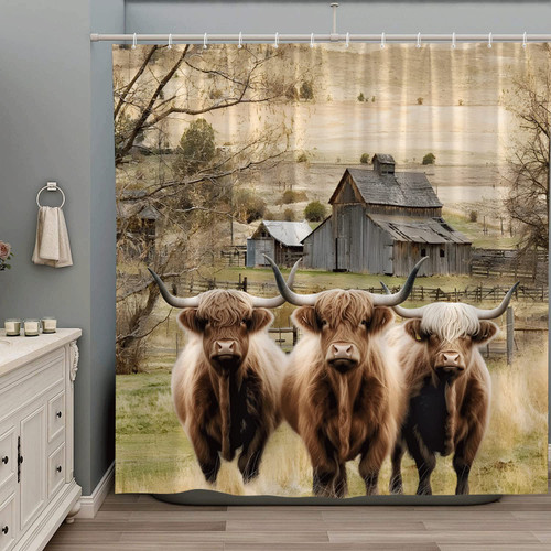 ZZYSKS Highland Cows Shower Curtain Farm Animal Longhorn Bull Rustic Farmhouse Cattle Barn Vintage Bathroom Decor Set Fabric with Hooks 70Wx70H Inch