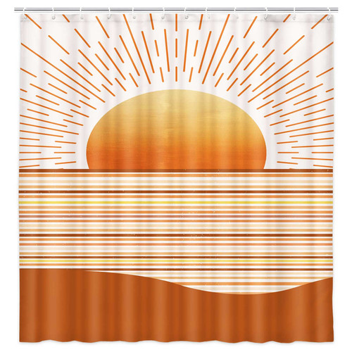 Mid Century Boho Shower Curtain, Sunrise Stripe Ocean Landscape Shower Curtain, Abstract Mountain Sunset Minimalist Geometric Shower Curtains, Boho Terracotta Fabric Bathtub Decor with Hooks, 69X70IN