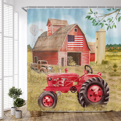 Farmhouse Shower Curtain Vintage Old Tractor Farm Truck Rustic Barn House Windmill Green Leaves Plant Forest Country Nature Scenery Home Bathroom Polyester Fabric Curtains with Hooks 70Wx70H inch
