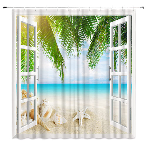PZMPZM Beach Ocean Shower Curtain Tropical Palm Tree Starfish Seashell Wooden Windows Summer Hawaiian Seaside Scenery View Bathroom Curtains Polyester Fabric Set with Hooks 70Wx70H inch