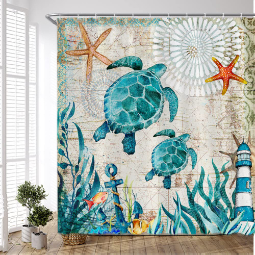 PZMPZM Sea Turtle Shower Curtain Bule Teal Beach Ocean Animal Underwater Starfish Coral Anchor Lighthouse Marine Life Vintage Nautical Theme Polyester Fabric Set with Hooks 70Wx70H Inch