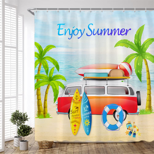 PZMPZM Tour Bus Shower Curtain Tropical Beach Ocean Palm Tree Retro Camper RV Surfboard Hawaii Seaside Summer Vacation Polyester Fabric Curtains Set with Hooks 70Wx70H inch