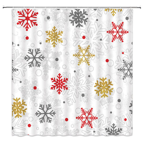FILMILIL Christmas Snowflakes Shower Curtain Winter Red Grey Gold Big Small Snowflake Merry Xmas Happy New Year Holiday White Farmhouse Bathroom Curtain Sets Polyester Fabric Hooks 70 X 70 Inch