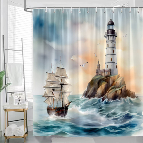 JONSEQIN Lighthouse Shower Curtain Blue Ocean Waves Nautical Sailboat Sunrise Beach Seagulls Seaside Coastal Scenery Bathroom Decor Curtains Set with Hooks