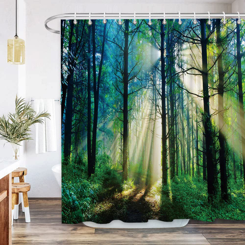 JONSEQIN Nature Forest Shower Curtain Bright Sunshine Tree Green Leaves Fresh Grass Misty Forests Landscape Foggy Jungle Sunlight Scenery Polyester Bath Decor Curtains with Hooks 70x70 Inch