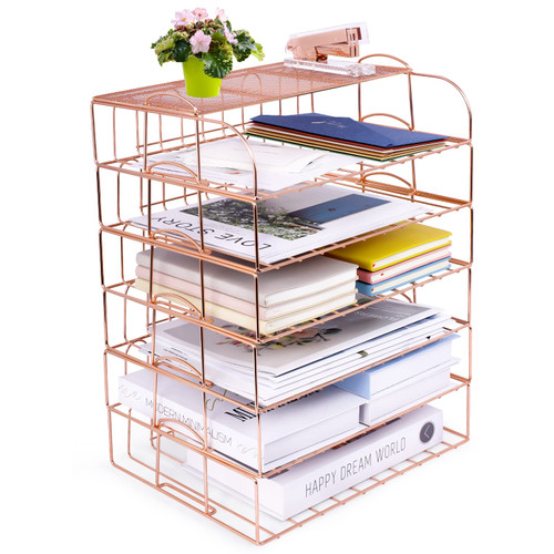 TNELTUEB Rose Gold Desk Organizer Mesh Office Supplies and Accessories with 6 Compartments + Drawer, Multi-Functional Desk Accessories Cute Office Supplies Storage for Women Office Home School