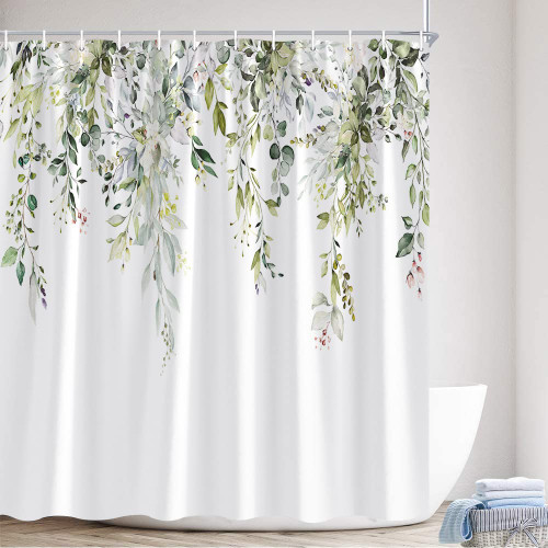 Green Eucalyptus Shower Curtains Vine Leaf Spring Watercolor Sage Leaves Plant Pattern Bathroom Decor Polyester Fabric Curtain Set 70x70 Inch Included Hooks