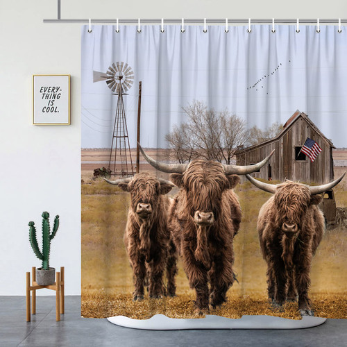YNKHTEW Highland Cattle Shower Curtains Rustic Farm Animal Barn Windmill Outdoor Nature Scenery Farmhouse Bathroom Decor Polyester Curtain Include Hooks 70 x 70 Inch