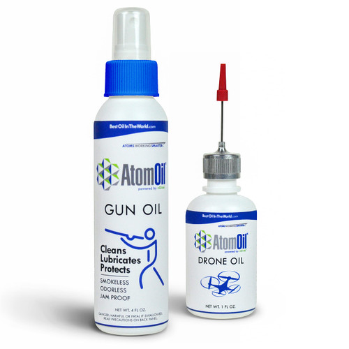 AtomOil Gun Oil CLP Kit | Gun Cleaning Kit with Gun Oil and Drone Oil | Gun Cleaner, Lubricant, and Protectant | Gun Accessories and Gun Cleaning Supplies | 4 Fl Oz. and 1 Oz. Bottles
