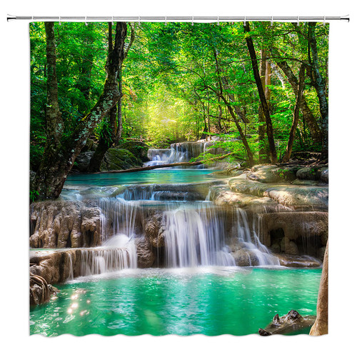 KTGHA Waterfall Shower Curtain Nature Scenery Green Forest Tree Lake Fabric Bathroom Decor with Hooks?70" Wx70 H?