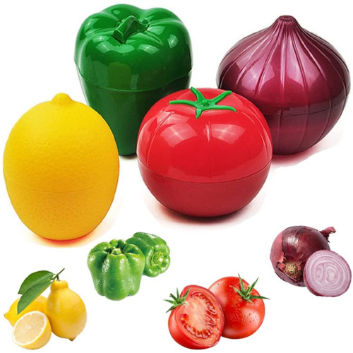 Onion, tomato, lemon, green pepper 4 PCS Fruit and Vegetable Shaped Food Saver Storage?Reusable SiliconeRefrigerator Box Storage Bowls Saver Holder Keeper