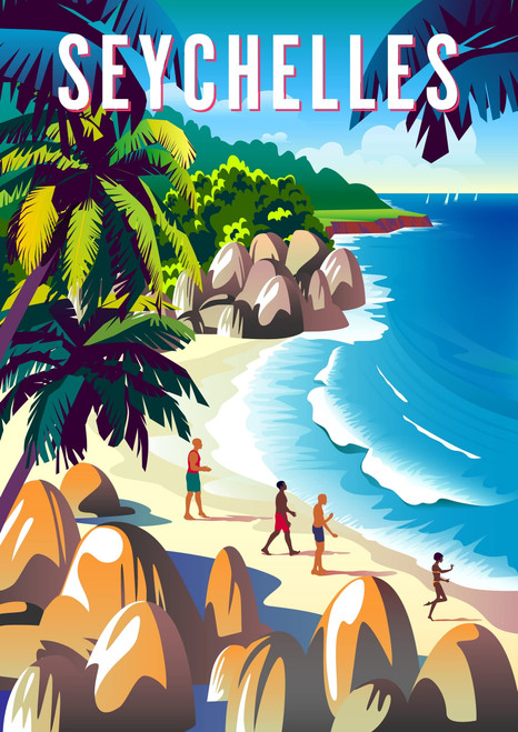 A SLICE IN TIME Seychelles, Africa. Retro Travel Poster. Glossy Paper Print for Walls. 10 x 13.5 inches. Shipped Flat with Cardboard Backing.