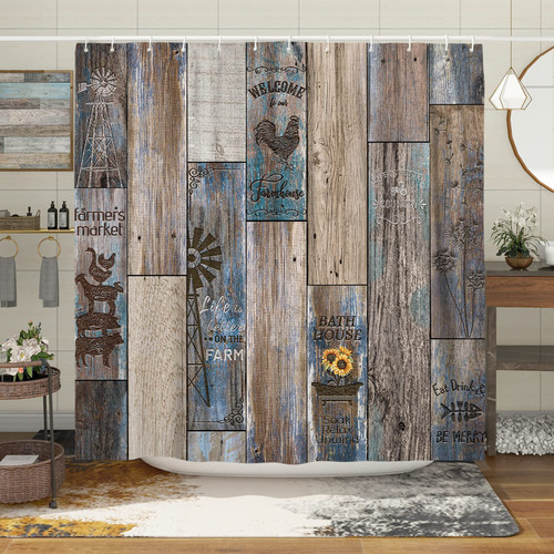 Witzest Farmhouse Rustic Shower Curtain Set Brown Country Shower Curtains for Bathroom Wood Farmhouse Bathroom Decor Polyester Fabric-72" x 72"