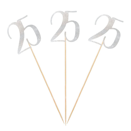 Silver Glitter 25th Birthday Centerpiece Sticks, 12-Pack Number 25 Table Topper Anniversary Party Decorations