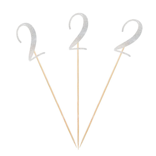 Silver Glitter 2nd Birthday Centerpiece Sticks, 12-Pack Number 2 Table Topper Anniversary Party Decorations