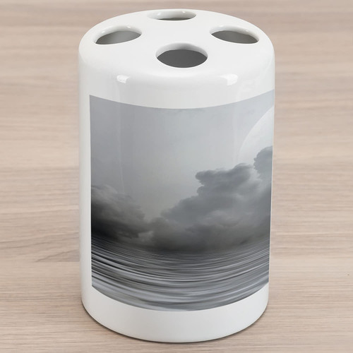 Ambesonne Moon Ceramic Toothbrush Holder, Misty Air in The Ocean Monochrome Picture with Full Moon Natural Imagery, Decorative Versatile Countertop for Bathroom, 4.5" X 2.7", Black Pale Grey White Ambesonne Moon Ceramic Toothbrush Holder, Misty Air in The Ocean Monochrome Picture with Full Moon Natural Imagery, Decorative Versatile Countertop for Bathroom, 4.5" X 2.7", Black Pale Grey White