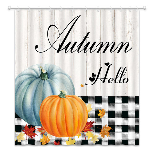 TENVSIN Fall Pumpkin Shower Curtain Black White Buffalo Check Plaid Pumpkins Harvest Thanksgiving Rustic Farmhouse Autumn Theme Bathroom Fabric Curtains with Hooks