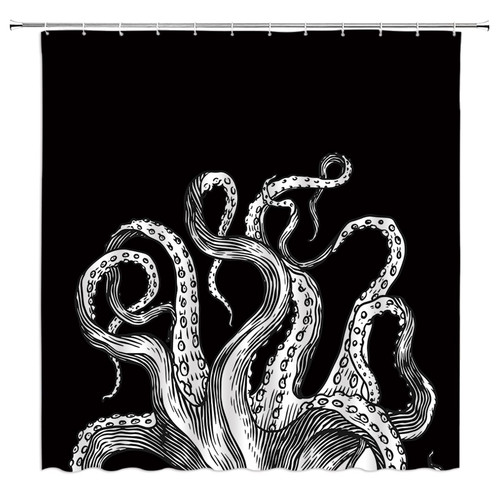 HYKHYK Octopus Tentacles Shower Curtain Black and White Ocean Animal Kraken Sea Vintage Nautical Marine Life Fabric Bathroom Curtain Set with Hooks(70" WX70 H)