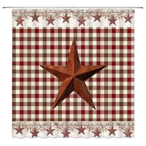 HYKHYK Texas Star Brown Shower Curtain Western Rustic Farmhouse Red and Beige Buffalo Check Plaid Berry Primitive Country Fabric Bathroom Decor Set with Hooks(70" WX70 H)