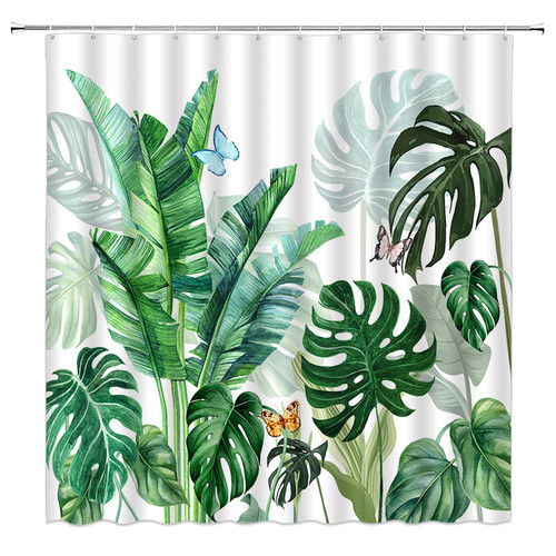 HYKHYK Tropical Shower Curtain Palm Leaf Green Leaves Plant Butterfly Watercolor Banana Monstera Jungle Botanical Summer Fabric Bathroom Curtain Set with Hooks(70" WX70 H)