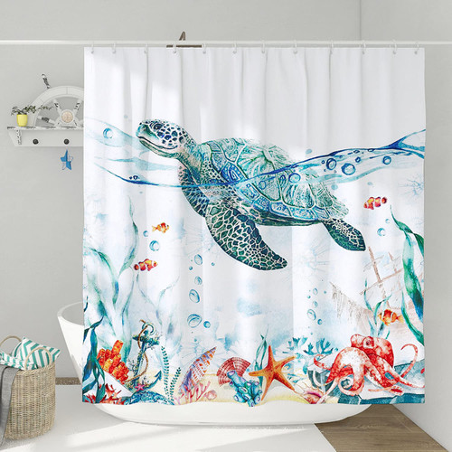 DESIHOM Nautical Sea Turtle Tall Shower Curtain Set, Beach Coastal Theme Shower Curtains for Bathroom Ocean Beachy Turtle Bathroom Decor Polyester Fabric-72" x 78"