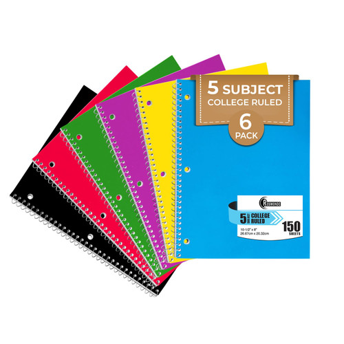 Rosmonde 5 Subject Spiral Notebook College Ruled, 6 Pack, 300 Pages (150 Sheets), 8" x 10-1/2", School & Office Note Books, Sturdy Spiral Bound, Soft Cover, Assorted Fun Colors, 5 Subject Notebooks