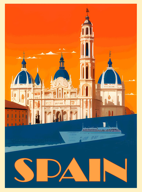 A SLICE IN TIME Spain Castle. Retro Travel Poster. Glossy Paper Print for Walls. 10 x 13.5 inches. Shipped Flat with Cardboard Backing.
