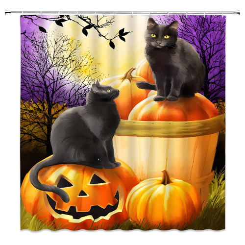 JIRGIXA Halloween Black Cat Shower Curtain Spooky Black Cat Horror Pumpkin Dead Tree Full Moon Scary Bat Witch Cat All Saints Day Happy Halloween Creative Fabric Bathroom Decor Curtain with Hooks