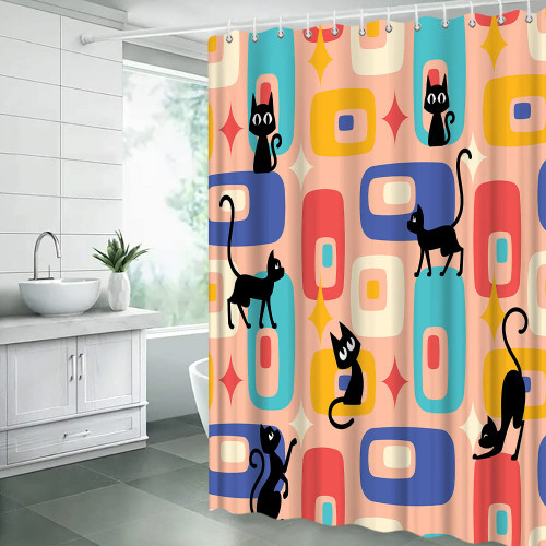Mid Century Black Cat Shower Curtain Retro Atomic Starburst Modern Abstract Geometric Sputnik Iconic 1950s 1960s Vintage Classic Boho Minimalist Aesthetic Fabric Bath Decor Curtain Sets with Hooks