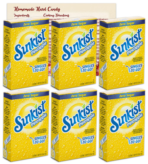 Sunkist Pineapple Singles to Go Drink Mix | 6 Boxes - 36 Flavor Packets of Sugar Free Water Enhancer Drink Mix Powder | Bundle with Ballard Products Hard Candy Recipe Card