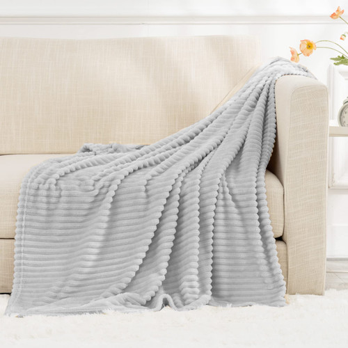 RECYCO Fleece Throw Blanket for Couch, Super Soft Cozy Fuzzy Decorative Blankets and Throws with Striped Pattern for Sofa, Lightweight Ribbed Plush Light Grey Throw Blanket for Bed 50"x60"