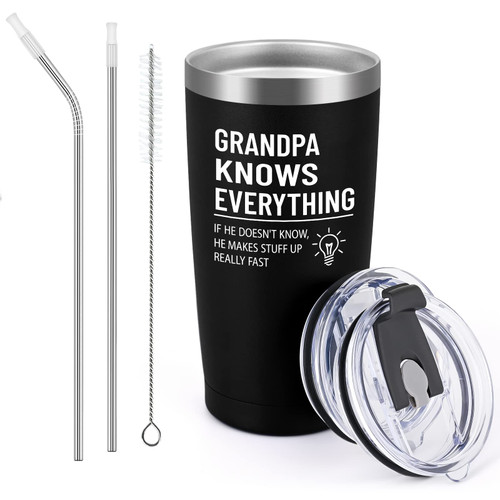 Qtencas Grandpa Gifts, Grandpa Knows Everything. If He Doesn't Know, He Makes Stuff Up Really Fast Travel Tumbler, Grandpa Fathers Day Present for Grandpa, 20oz Stainless Steel Grandpa Tumbler, Black