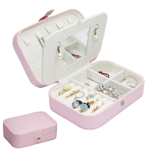 STHCHUN Small Jewelry Box,PU Leather Small Jewelry Organizer for Girls Women with Mirror Display Storage Holder Boxes for Stud Earrings, Rings, Necklaces, Bracelets(Pink)