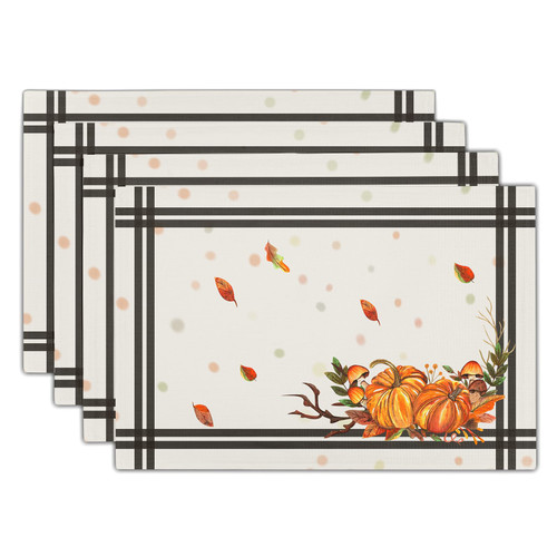Fall Pumpkin Leaves Placemats Autumn Harvest Thanksgiving Placemats Set of 4 12x18 Inch Rustic Farmhouse Holiday Place Mats Linen Washable Table Mats for Kitchen Dining Party Table Home Decoration