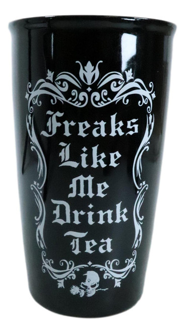 Ebros Gift Gothic Wicca Scroll Art 'Freaks Like Me Drink Tea' Double Walled Ceramic To-Go Travel Mug Cup With Lid 12oz Coffee Tea Drink Cups Mugs Alchemy Occult Serveware Drinkware